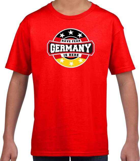 Have fear Germany is here t-shirt met sterren embleem in de kleuren van de Duitse vlag - rood - kids - Duitsland supporter / Duits elftal fan shirt / EK / WK / kleding 146/152