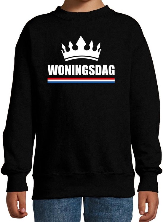 Koningsdag sweater / trui Woningsdag zwart voor jongens en meisjes - Woningsdag - thuisblijvers / Kingsday thuis vieren 98/104