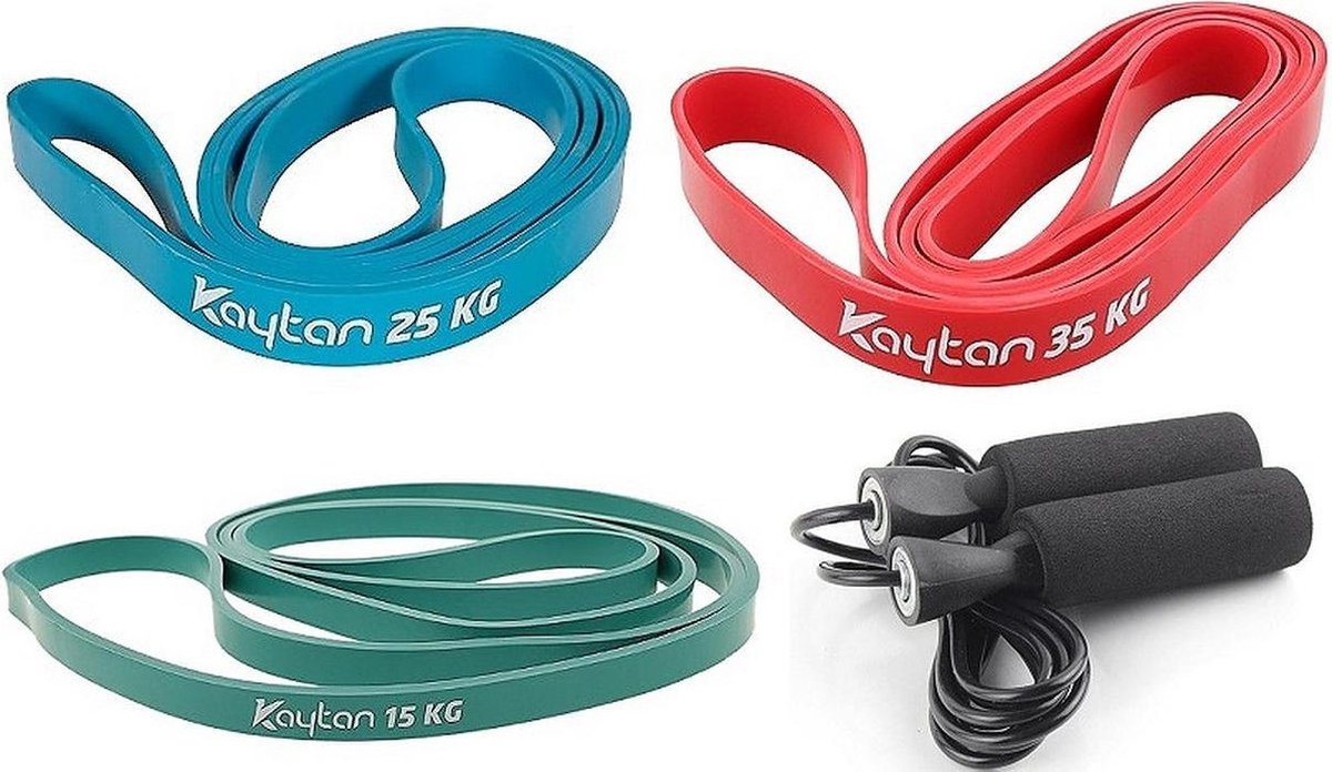 Kaytan - 4-delige sportset - Elastische weerstandsbanden - Fitness elastiek 15 - 25 - 35 kg - Resistance bands - Touwtje springen - Springtouw - Thuis fitness