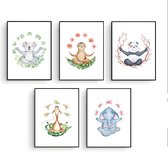 Postercity - Design Canvas Poster Set Yoga Giraffe, Luiaard, Panda, Koala & Olifant Namaste / Kinderkamer / Dieren Poster / Babykamer - Kinderposter / Babyshower Cadeau / Muurdecor
