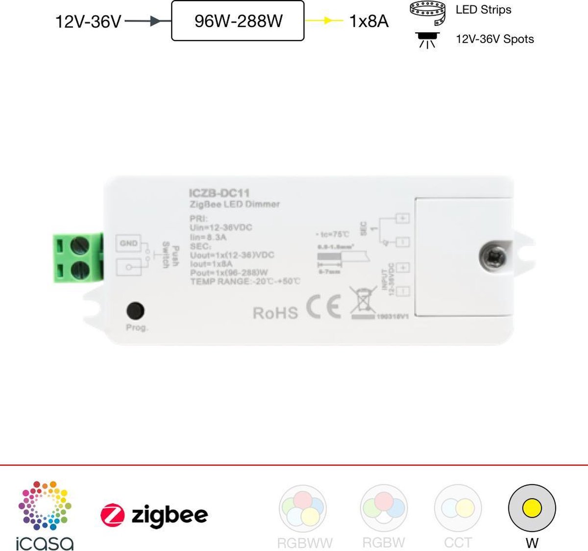 bol.com | icasa Zigbee 12-36V LED Dimmer | 1 Kanaal | Compatible met Zigbee  3.0 Gateway (Zoals...