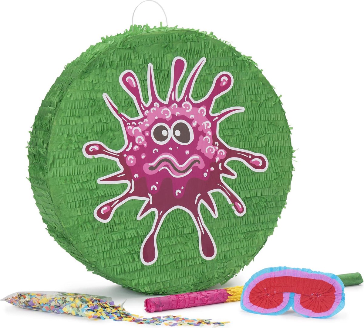 Lumaland - "Beat the Virus" Pinata set incl. pinata blinddoek, stok en 50 gr confetti - 50x50x15 cm - Groen/Rood