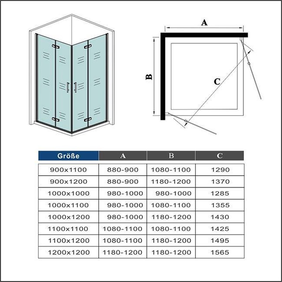 vierkante douchecabine 120x120x185cm,dubbele vouwdeur,hoek instap,6mm veiligheidsglas nano coating