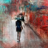 JJ-Art (Aluminium) 80x80 | Vrouw in regen met paraplu, abstract in olieverf look | rood, blauw, graffiti, industrieel, modern | Foto-Schilderij print op Dibond / Aluminium (metaal