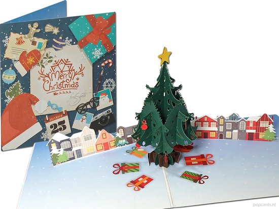 Streng contrast Afwijking Popcards popup kerstkaarten – Kerstboom met cadeautjes en huisjes - Kerst  Merry... | bol.com