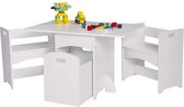 Kindertafel en stoeltjes van hout - 1 tafel en 2 stoelen voor kinderen - kleur wit - met speelgoedkist - Kleurtafel / speeltafel / knutseltafel / tekentafel / zitgroep set / kinder