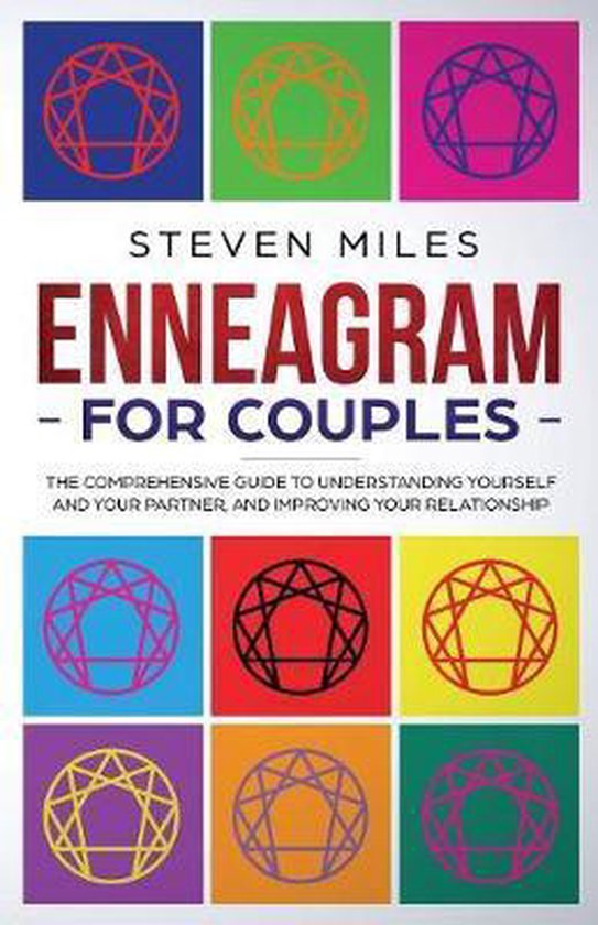Enneagram voor koppels, een boek door Steven Miles, met negen ennéagram symbolen op kleurrijke vierkanten.
