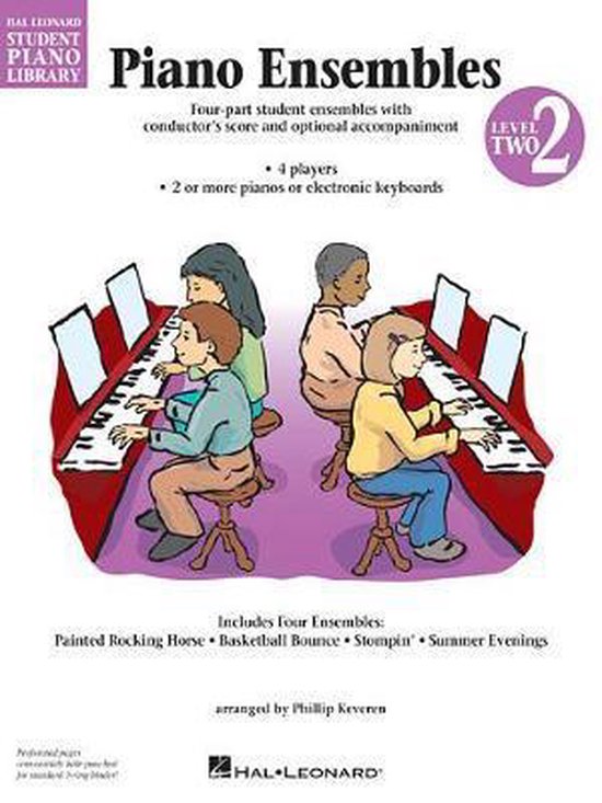 Boek kaft met illustratie van vier kinderen die piano spelen.
