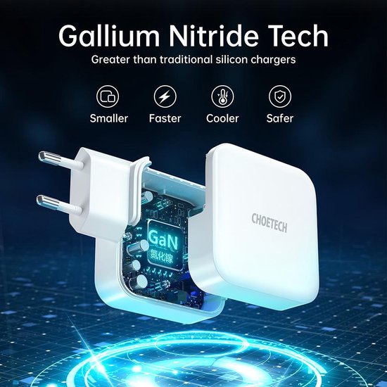 Choetech - Dual GaN-Tech stroomadapter USB-C/USB-A - Power Delivery - 65W