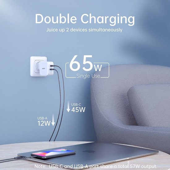 Choetech - Dual GaN-Tech stroomadapter USB-C/USB-A - Power Delivery - 65W