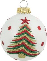 Witte Kerstballen 7 cm met gekleurde Glitter Kerstboom - doosje van 4