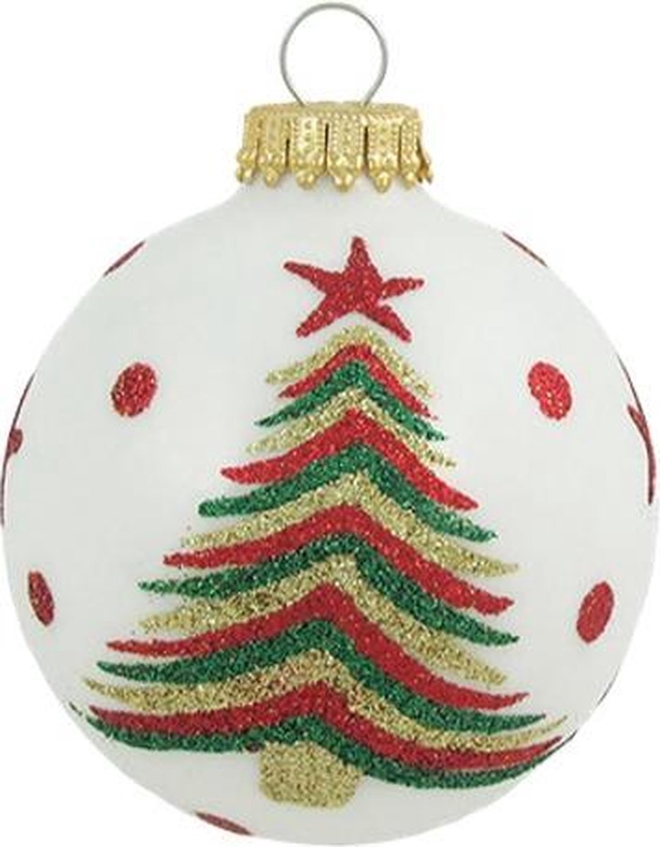 Witte Kerstballen 7 cm met gekleurde Glitter Kerstboom - doosje van 4
