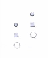 Oorbellen dames | Drie oorbellen op kaartje, kristalknopje, vierkantje en ringetje | WeLoveSilver