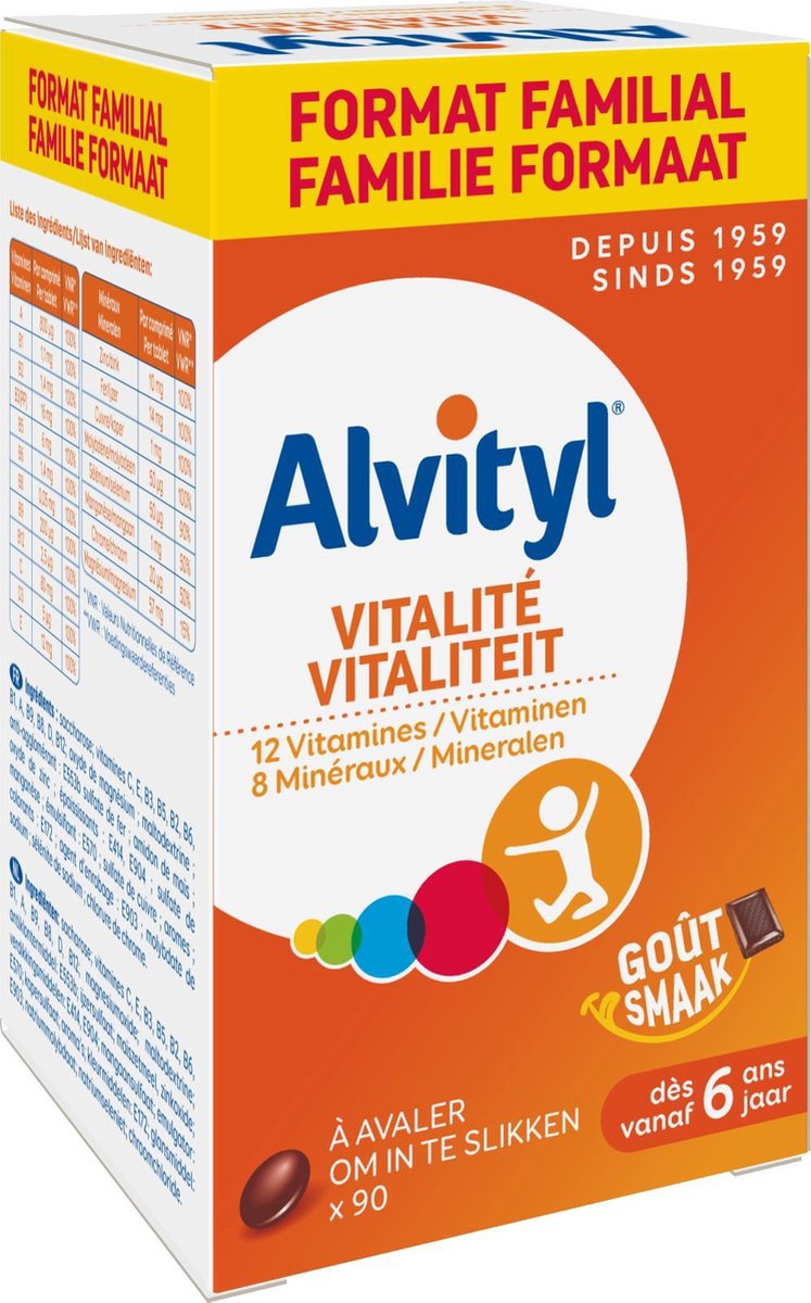 Alvityl - Vitamines om in te slikken, chocoladesmaak - 12 vitaminen en 8 mineralen - Vanaf 6 jaar - Eco formaat 90 tabletten