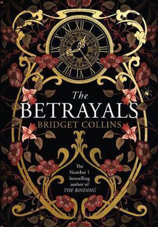 Boekomslag met art-nouveau-decoraties in goud en rood, met een klok bovenaan en de titel 'The Betrayals'.