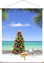 Kerst Doek - 60x80 Cm - Kerstboom Met Ballen Op Vlonder Strand - Textiel Poster - Decoratie - Winter Poster - Kerst Decoratie - Tropical Christmas - Tropische Kerst - Kerstversiering