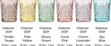 Zes gekleurde Hobstar glazen: Tender Taupe, Pale Yellow, Ebony Green, Coral Pink, Charm Lavender, Sky Blue.