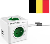 PowerCube Extended Duo USB - Câble 1,5 m - Blanc / Vert - 3 prises - 2 chargeurs USB - Type E avec broche de terre (Belgique / France)