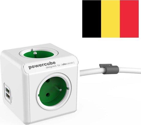 PowerCube Extended Duo USB - 1.5m kabel - Wit/Groen  - 3 stopcontacten - 2 USB laders - Type E met aardepin (België)