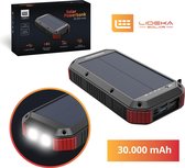 Lideka® Powerbank 30000 mAh Charger - met Solar Panel Functie op Zonneenergie - 4x USB - USB C - Snel & Draadloos Opladen - Outdoor - Iphone en Samsung en Apple - Zwart