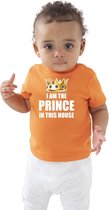 I am the prince in this house Koningsdag t-shirt oranje baby/peuter voor jongens 66/76 (6-12 maanden)