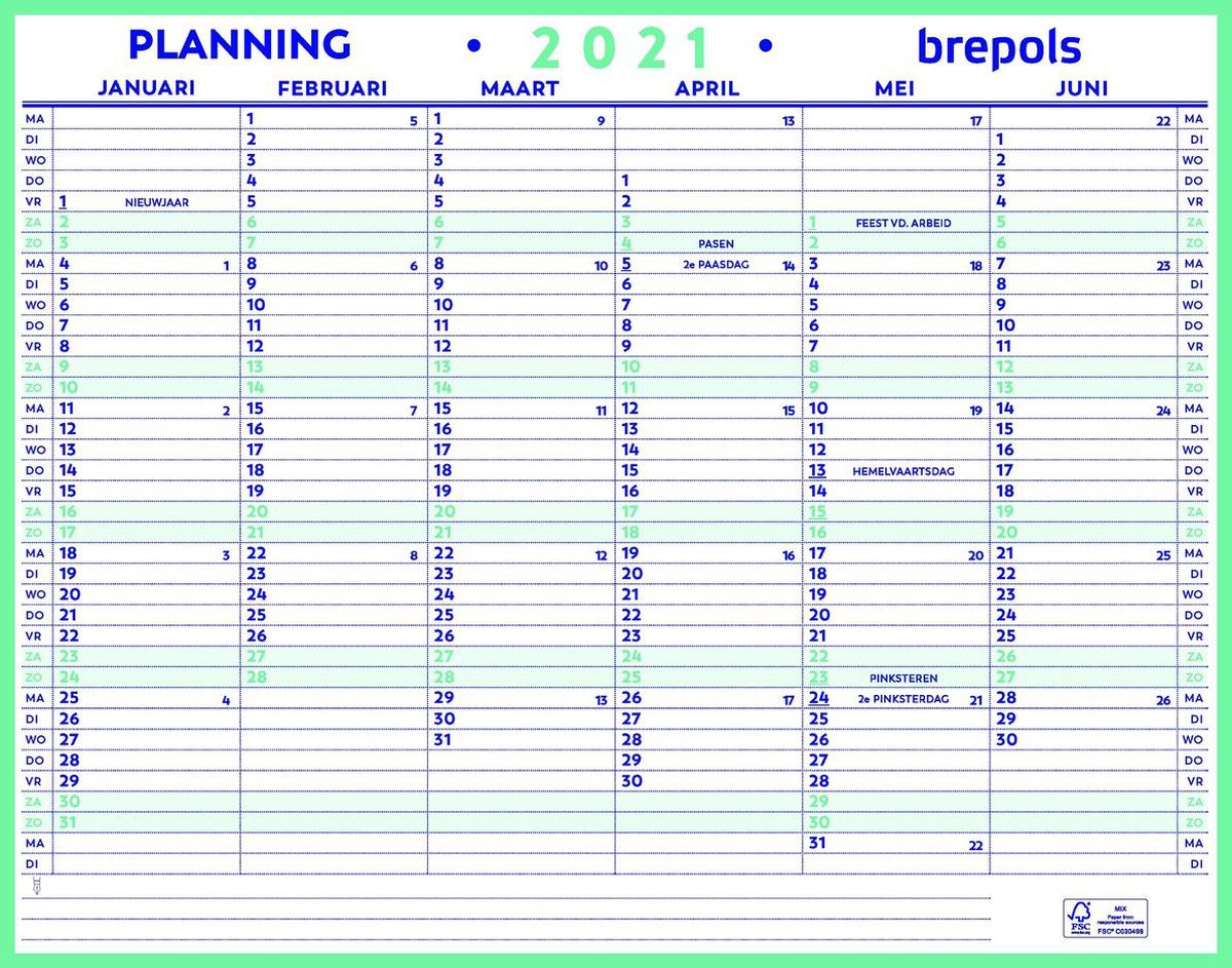 roekeloos Conceit Transparant Brepols Kalender 2021 • Maxi planning NL • Hard karton • overzicht 6 maand  per zijde •... | bol.com