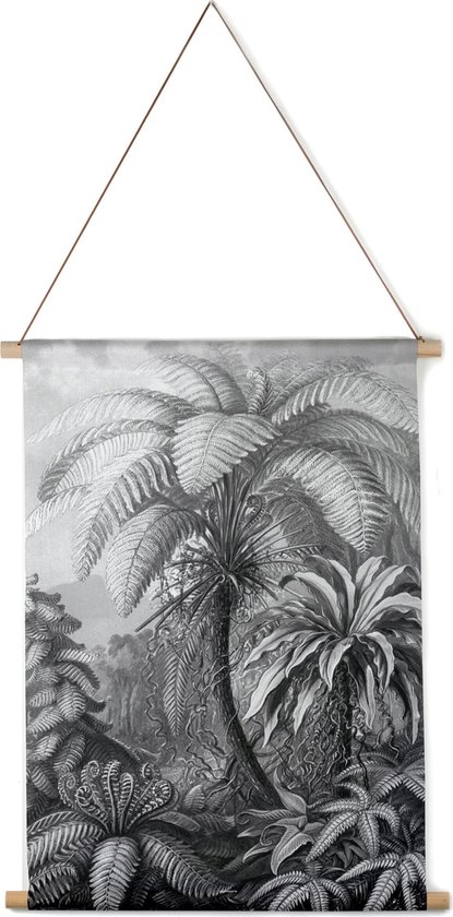 Villa Madelief Interieurbanner jungle zwart wit - Textielposter - 30x40cm - Wandkleed - Wandtapijt - Wanddecoratie voor thuis - Makkelijk op te hangen - Poster met houten hangers