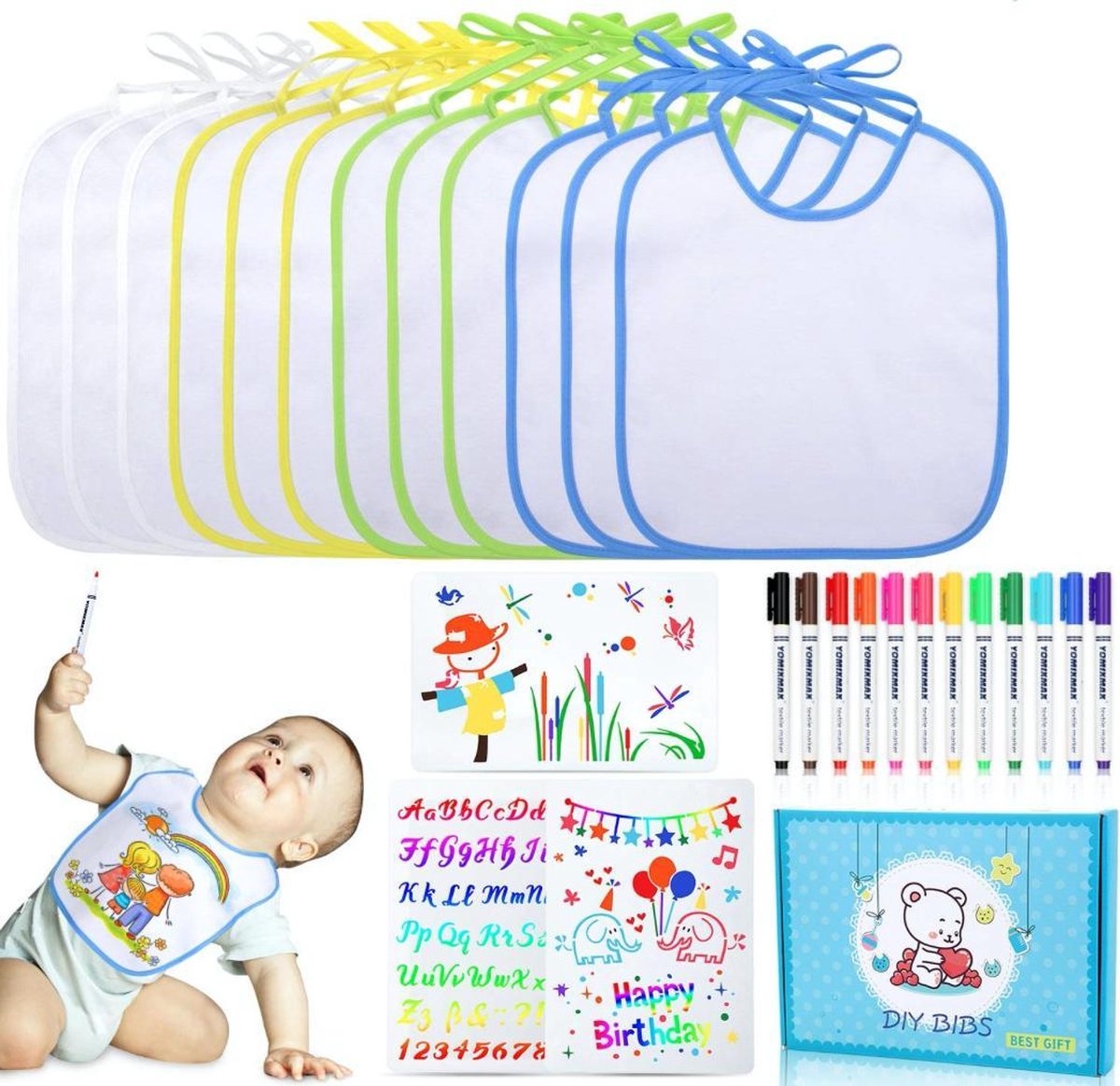 Witte slabbetjes om te beschilderen voor babyshowers, 10 stuks katoenen slabbetjes en 12 premium markeerstiften, ideaal om zelf vorm te geven en te beschilderen, voor babyshower party