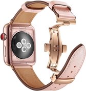 Apple Watch 44MM / 42MM Bandje Echt Leer met RVS Vlindersluiting Roze