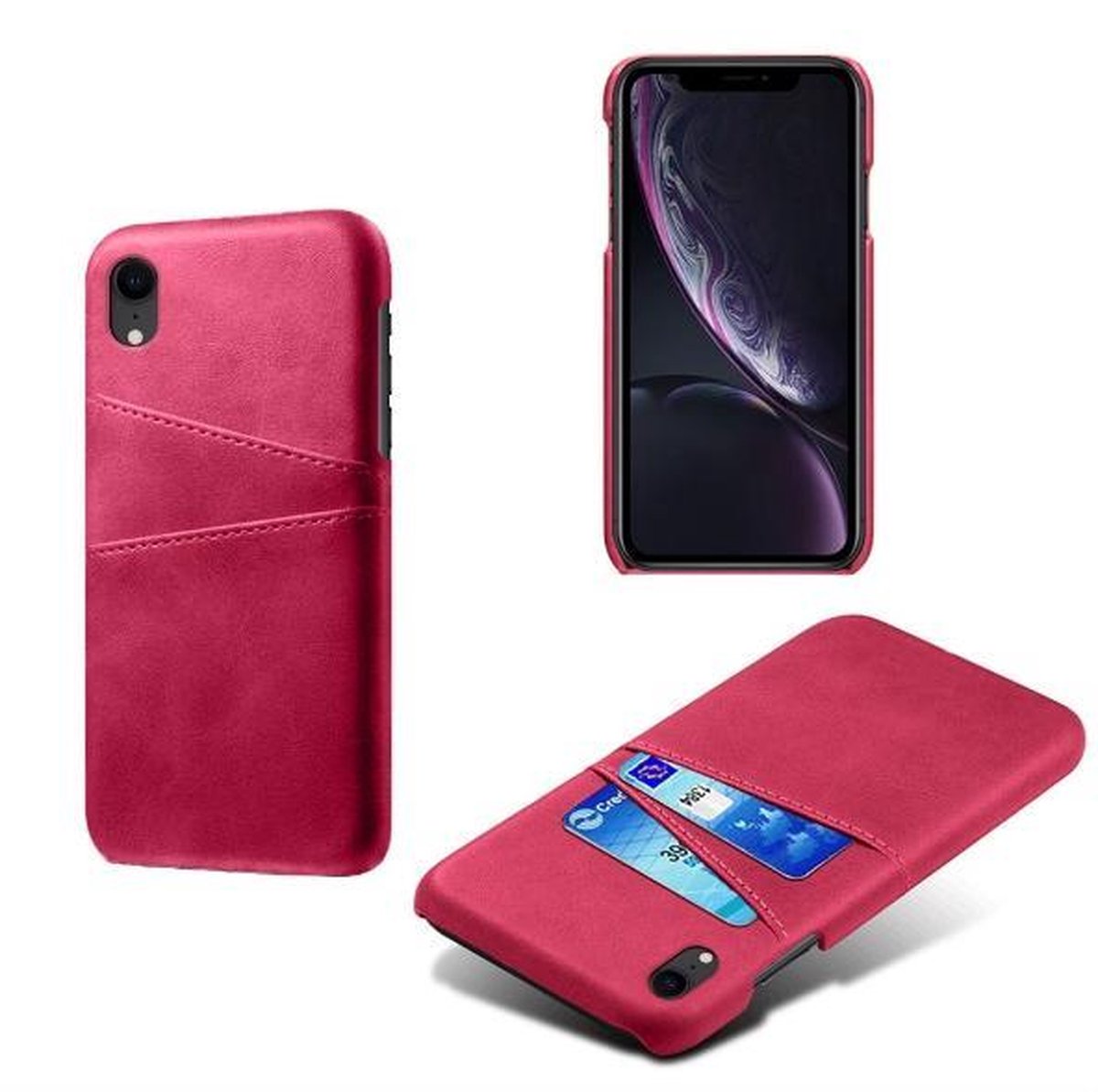 Back Cover met Opbergvakjes + PET Screenprotector voor iPhone XR _ Roze Rood