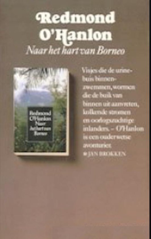 Boek "Naar het hart van Borneo" van Redmond O'Hanlon met een afbeelding van een boekje en tekst over de inhoud.
