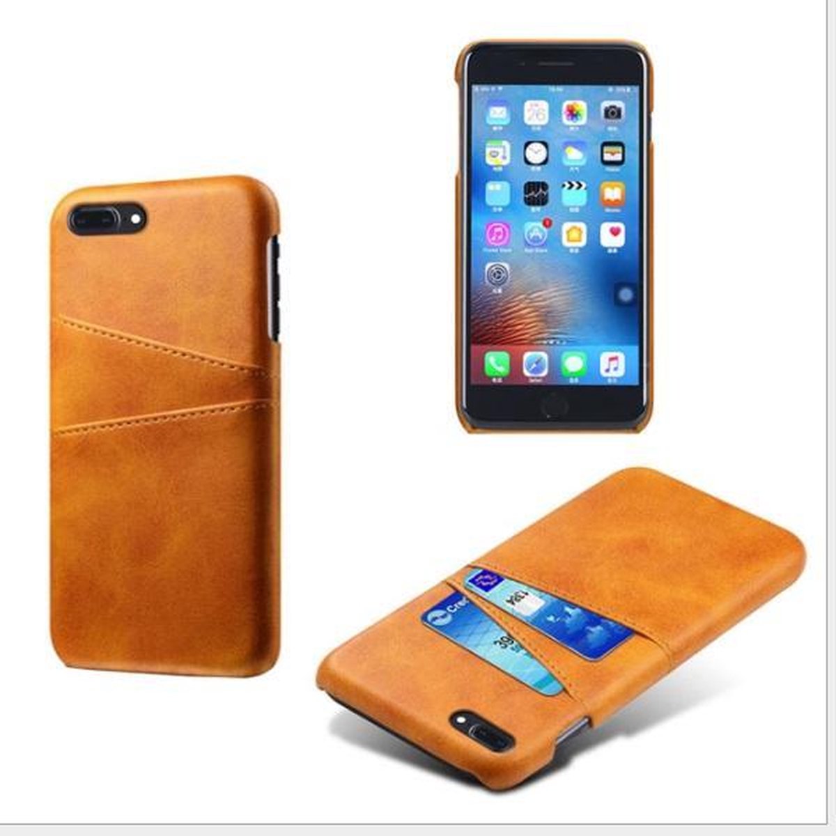 Back Cover met Opbergvakjes + Gehard Glas Screenprotector voor iPhone 8 Plus _ Bruin