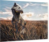 Dinosaurus T-Rex in een akker - Foto op Plexiglas - 80 x 60 cm