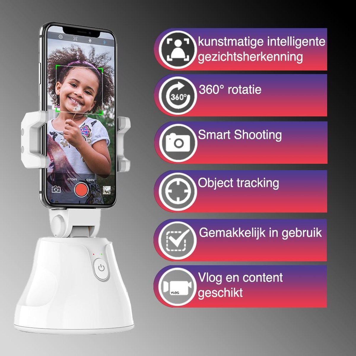 360° Tracking Telefoonhouder Met Gezichtsherkenning – AI Rotatie – Selfie Standaard – Incl. 3000mAh Batterij