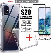 SAMSUNG Galaxy S20 ShockProof Case, Transparant (Siliconen TPU Soft ) + Screenprotector, Tempered Glass 2.5D 9H 0.3mm - HiCHiCO
