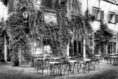 JJ-Art (Canvas) | Café bar restaurant met terras in Rome Italië in zwart wit Fine Art - woonkamer | vintage, eten, drinken, modern  | Foto-Schilderij print op Canvas (canvas wanddecoratie) | 