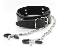 Bdsm Collar met tepelklemmen Bondage - Erotiek - Slave - Tepelklemmen - Lederen Ketting