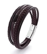 Armband heren - 5 snoeren - bruin gevlochten en glad leer met glimmend zilverkleurige sluiting - Sorprese - 21 cm - unisex - model V - Cadeau