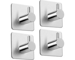 4 stuks zelfklevende zilveren handdoekhaakjes –  3M dubbelzijdige plakstrip – in één box – Makkelijk  bevestigen zonder boren – Handdoekrek – Badkamer/ Keuken/ Toilet