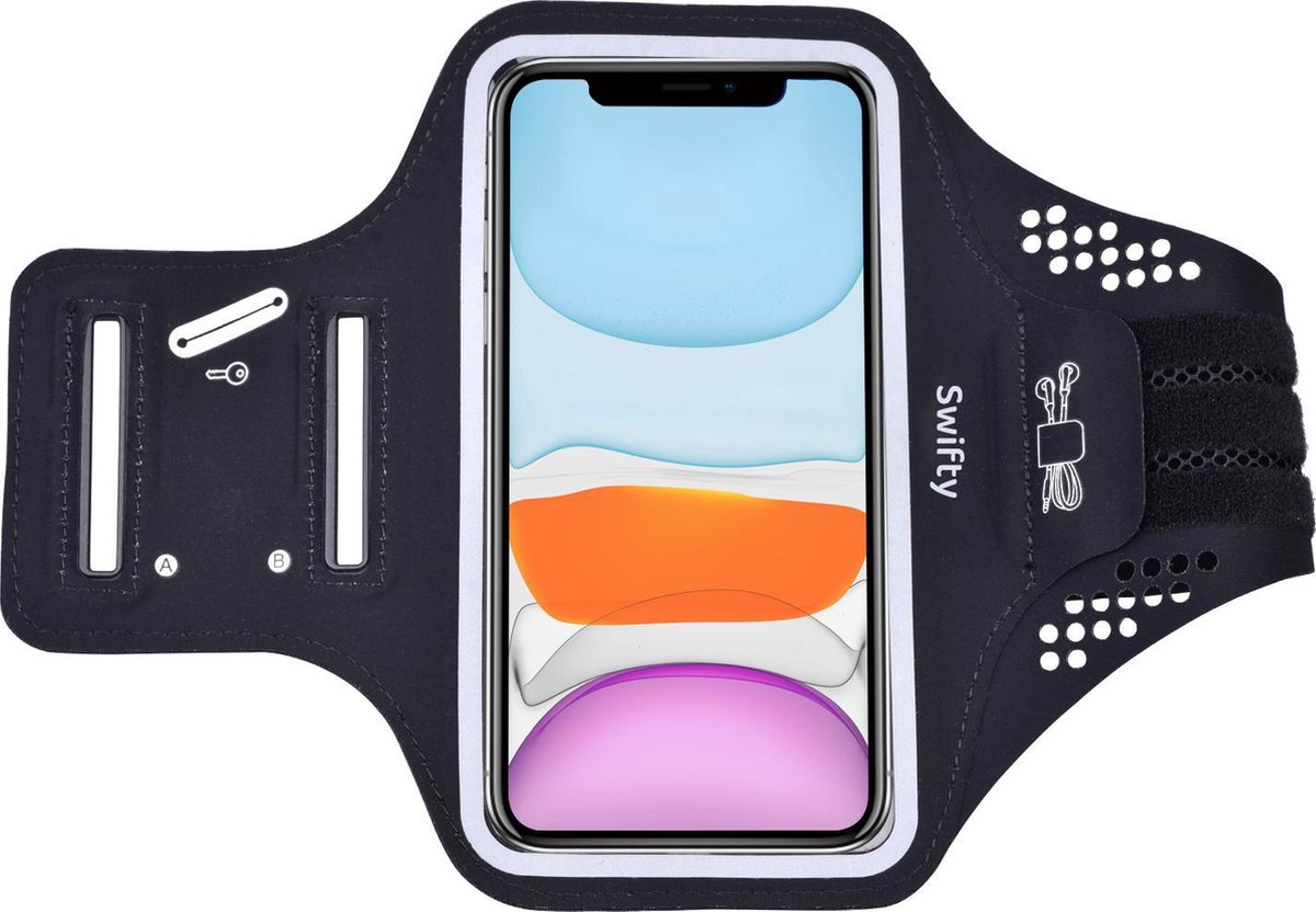 Swifty Universele Smartphone Hardloop Armband met kaarthouder Inclusief ruimte voor pasjes en 2 sleutels - Sportarmband - Smartphonehouder - Geschikt voor iPhone 11 Pro / XS / X / 8 / 7 / 6S / 6 - Samsung - Huawei - 100% Spatwaterdicht - Zwart