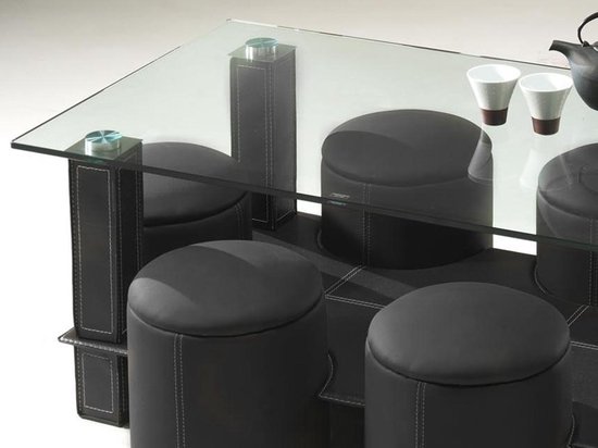 Table basse rectangulaire en verre avec 6 poufs noirs | bol.com