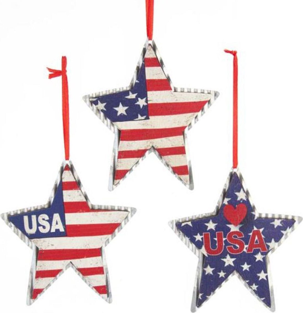 Hout/Metalen Americana Star Kersthangers Set van 3
