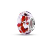 Quiges - Glazen - Kraal - Bedels - Beads Zilver met Rood, Bruin, Witte Vlokjes Past op alle bekende merken armband NG684