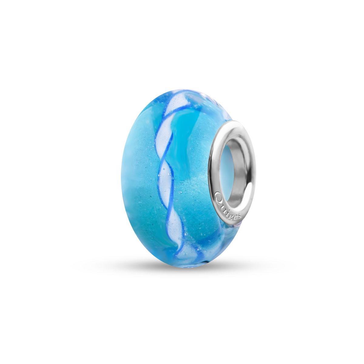 Quiges - Glazen - Kraal - Bedels - Beads Blauw Transparant met Witte Gedraaide Slinger Past op alle bekende merken armband NG661 - Quiges