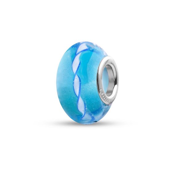 Quiges - Glazen - Kraal - Bedels - Beads Blauw Transparant met Witte Gedraaide Slinger Past op alle bekende merken armband NG661