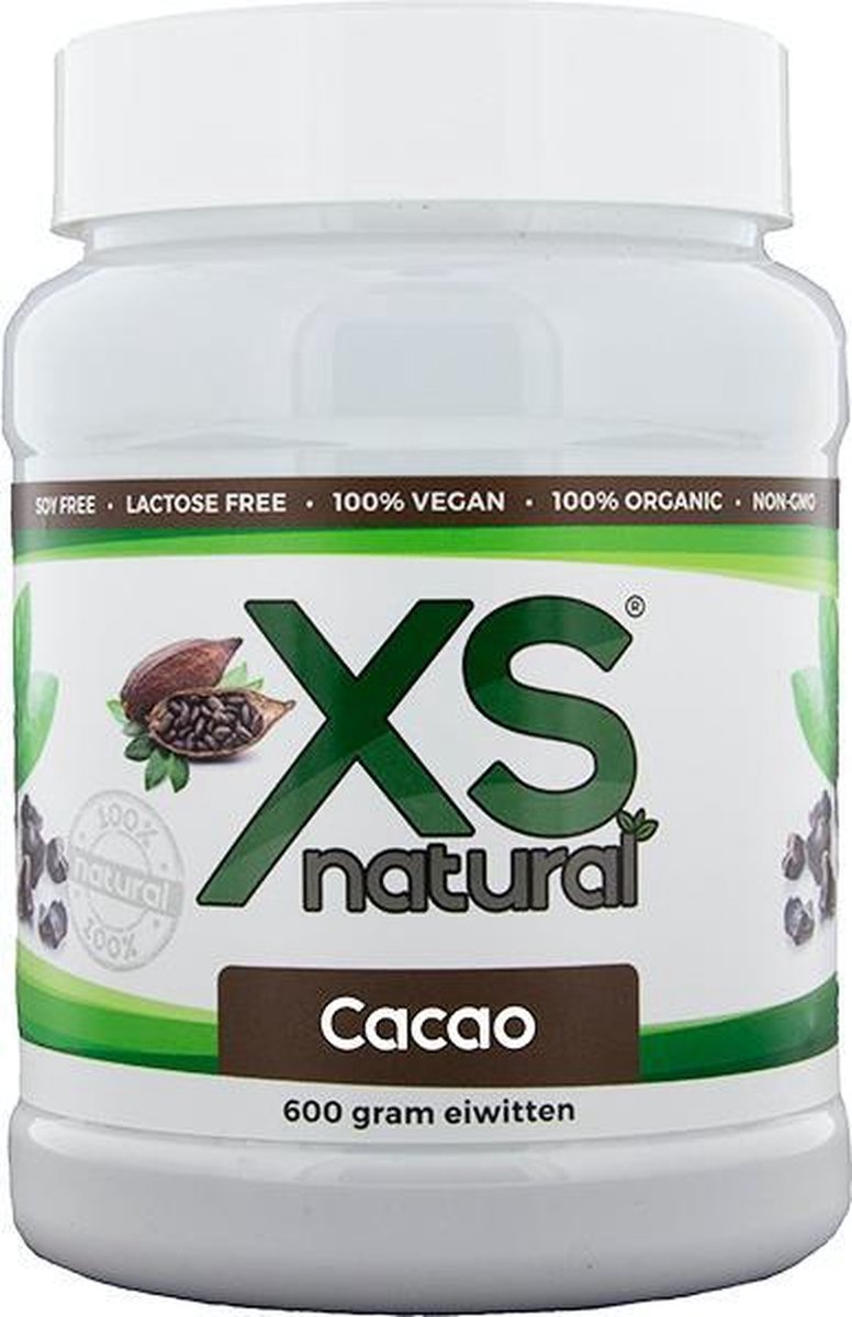 XS natural Cacoa [600 gram Plantaardige eiwitten] - 100% vegan - proteïne - eiwit shake - pure cacao - zonder geraffineerde suikers - vetarm - suikerarm - aminozuren - puur natuur - spierherstel - 100% organisch - lactose vrij - Soja vrij -