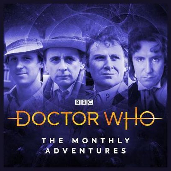 Vier Doctors van Doctor Who: de Eerste, Tweede, Derde en Vierde Doctor, met de tekst "Doctor Who The Monthly Adventures".