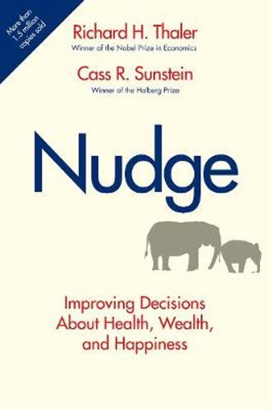 Boek 'Nudge' door Richard H. Thaler en Cass R. Sunstein, met twee olifanten op de voorkant.