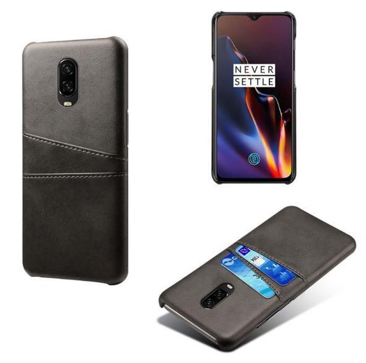 Back Cover met Opbergvakjes + Gehard Glas Screenprotector voor OnePlus 7 _ Zwart