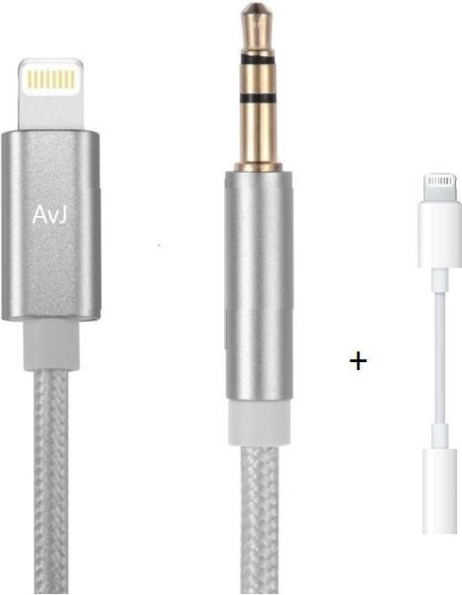 AvJ Aux adapter - 3,5mm AUX naar Lightning - 1 meter - Zilver